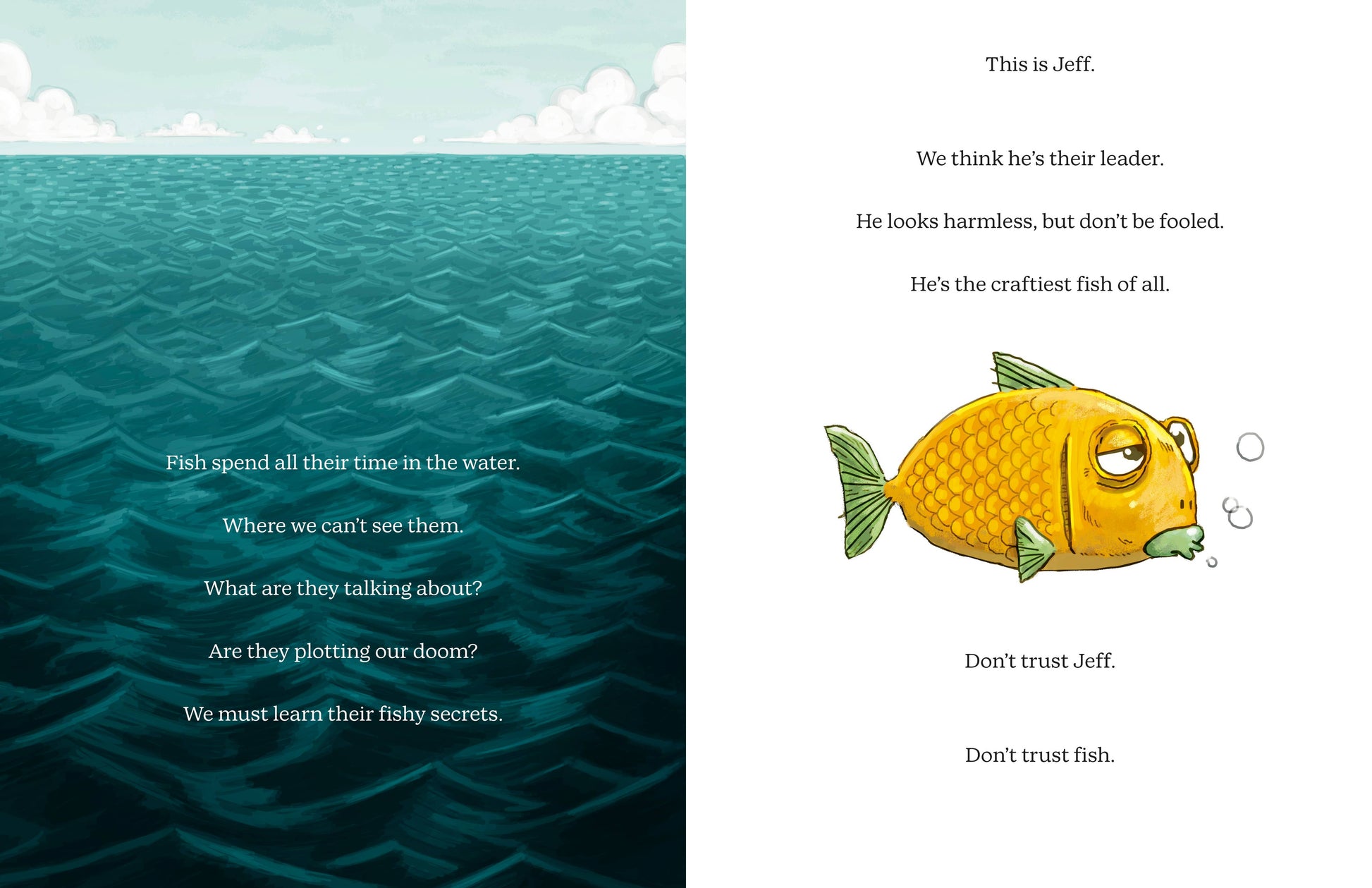 Illustration of a yellow fish with text on an underwater scene
