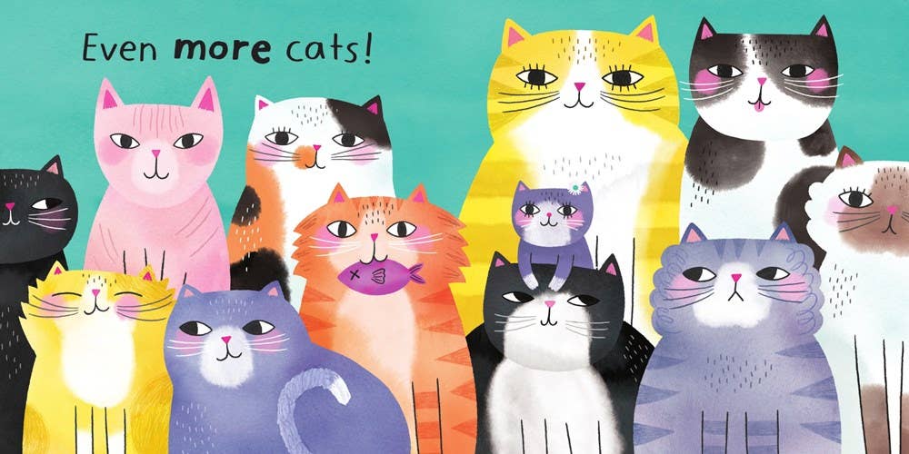 A colorful illustration of multiple cartoon cats in different colors and patterns, with the text 'Even more cats!' at the top on a teal background.