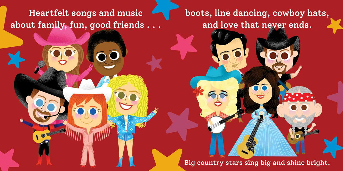 Illustrated characters in country music theme with text on a red background