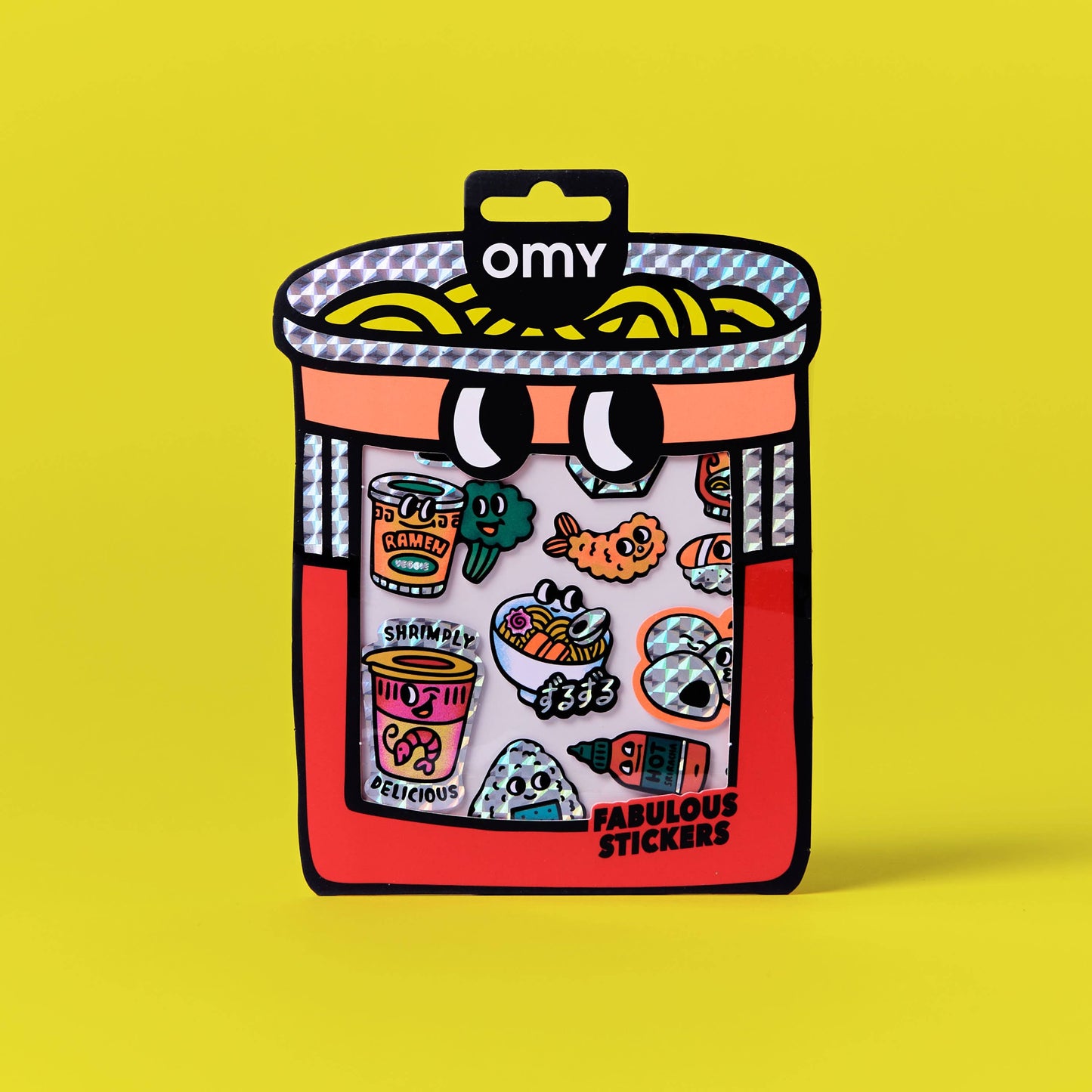Pack of stickers with various designs on a yellow background