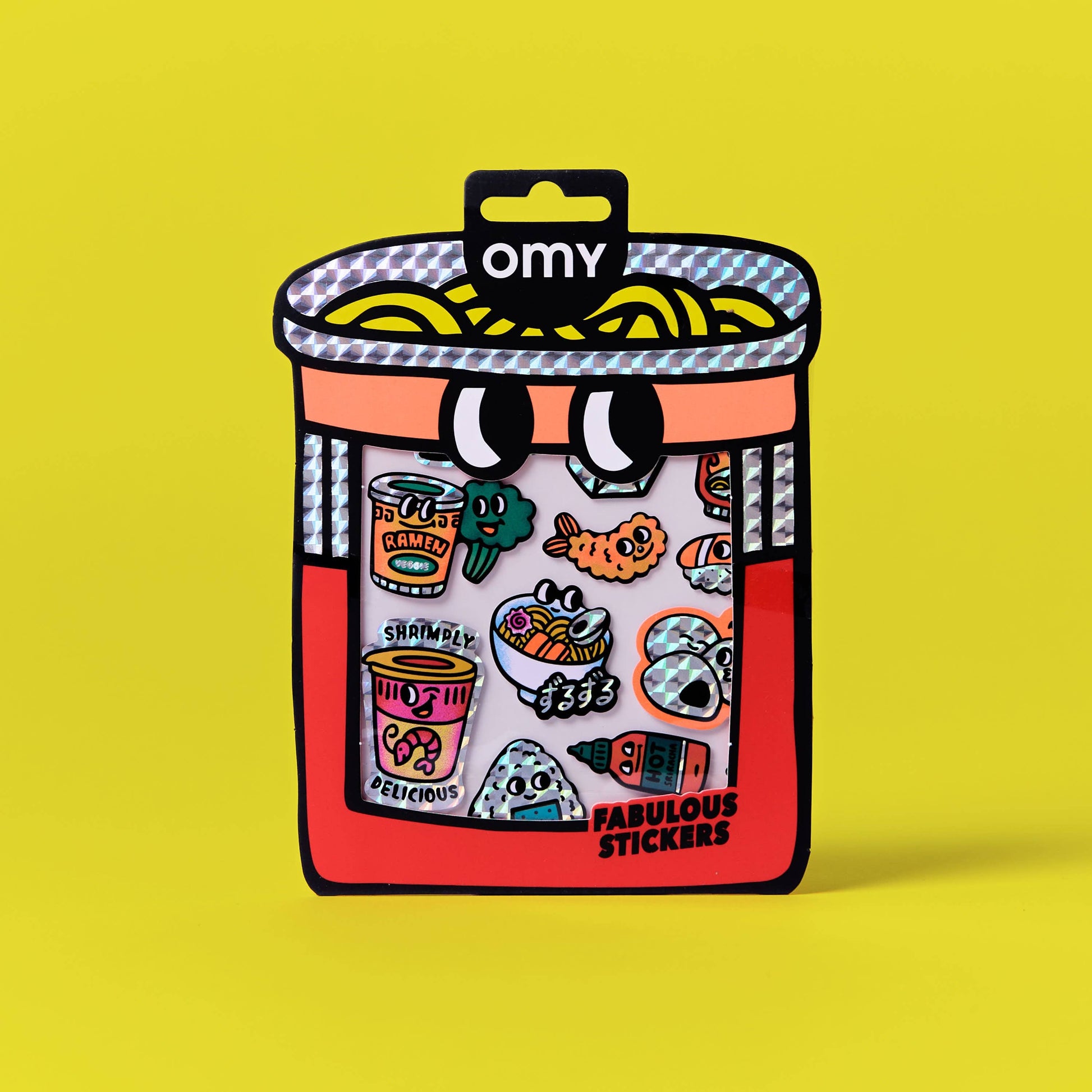 Pack of stickers with various designs on a yellow background