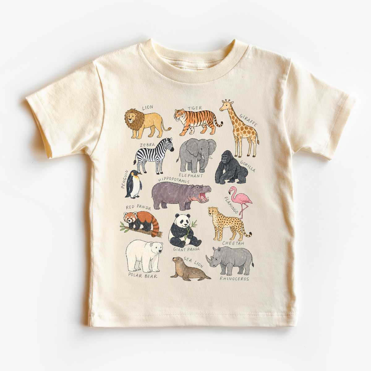 Beige t-shirt with illustrations of various animals on a white background