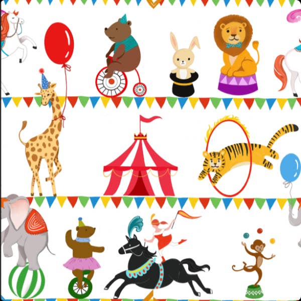 A repeating circus-themed pattern featuring cartoon animals and performance elements on a white background, including a lion, giraffe, elephant, bear, rabbit, horse, monkey, circus tent, balloons, hoops, and colorful bunting.