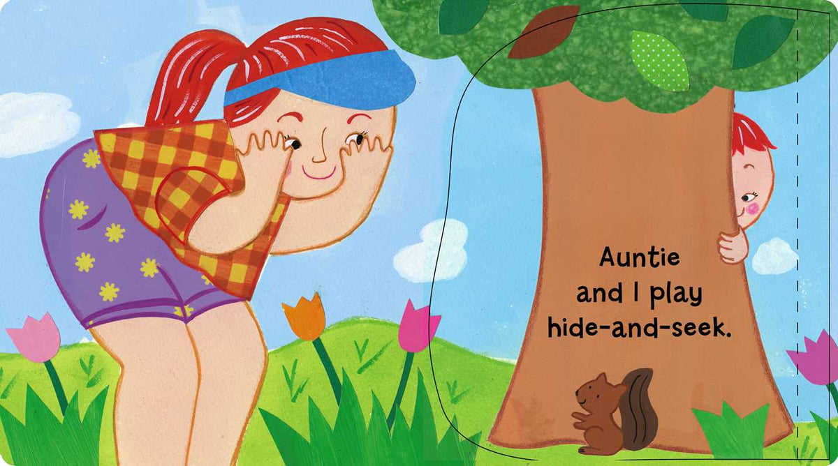 Illustration of a child peeking from behind a tree with text 'Auntie and I play hide-and-seek.'