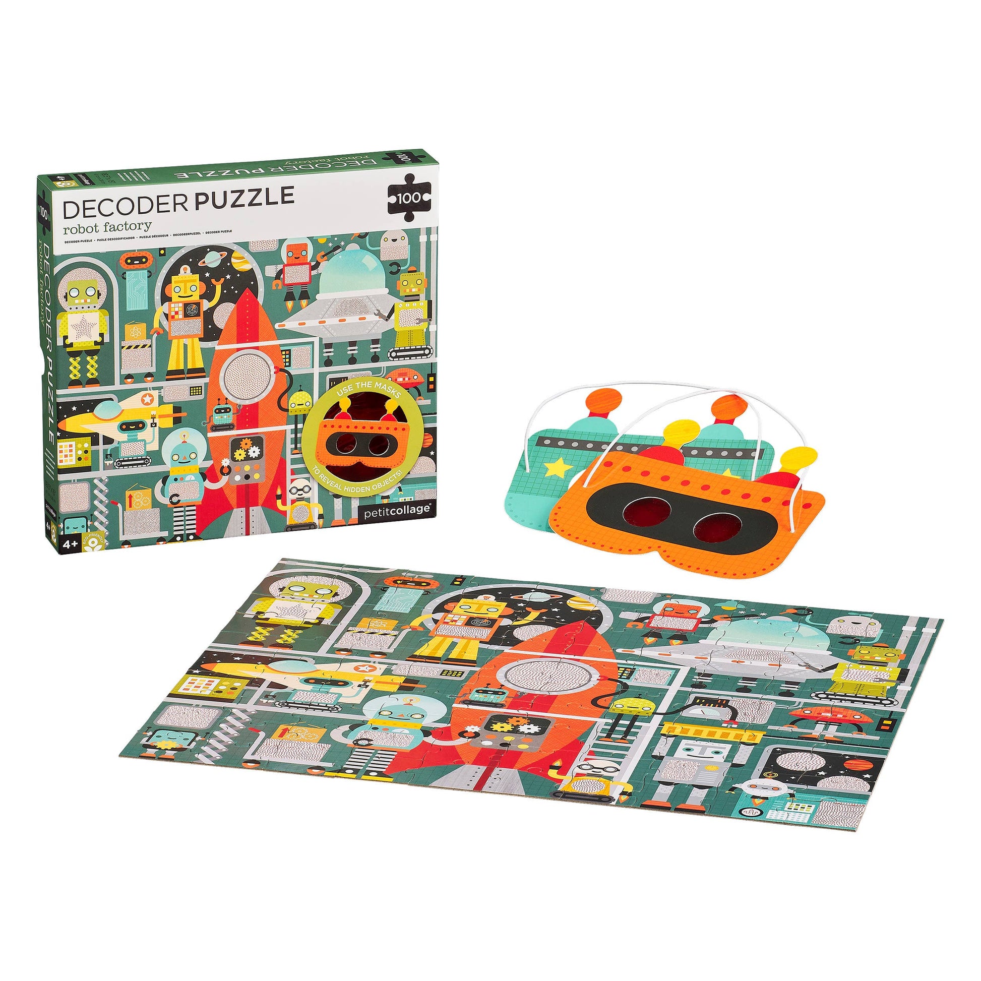 Decoder puzzle set with robot-themed packaging, puzzle, and viewer on a white background