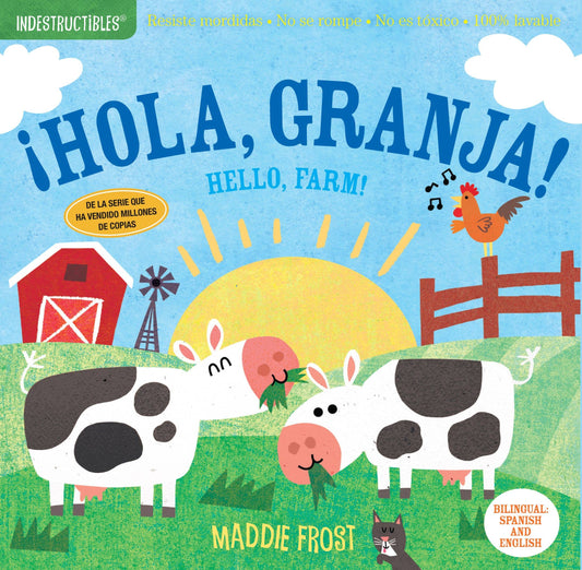 Book cover of 'Hola, Granja! Hello, Farm!' with cows, a barn, and a sun illustration.