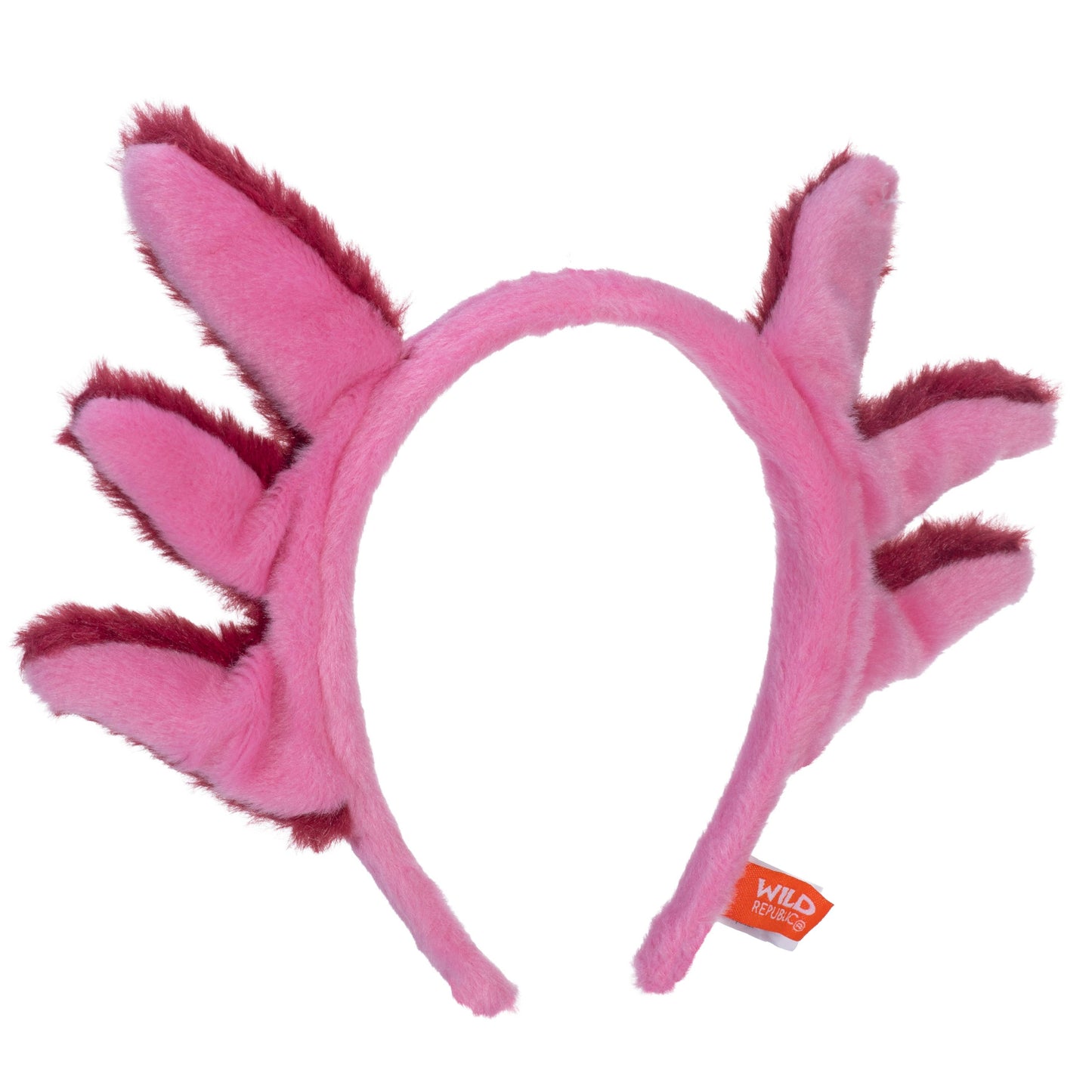 Pink axolotl headband with red accents on a white background