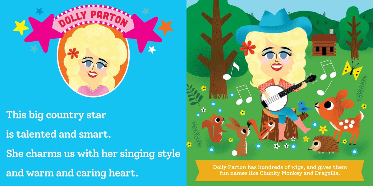 Illustration of Dolly Parton with text about her talent and charm, set against a colorful background with animals and nature elements.