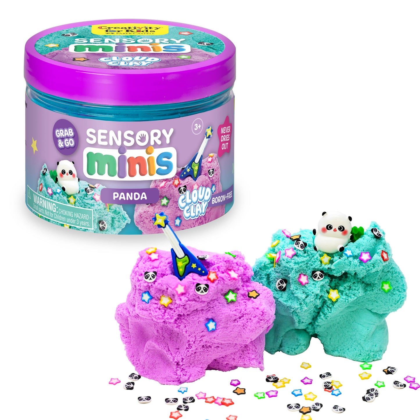 Sensory minis cloud clay with panda figures and packaging on a white background