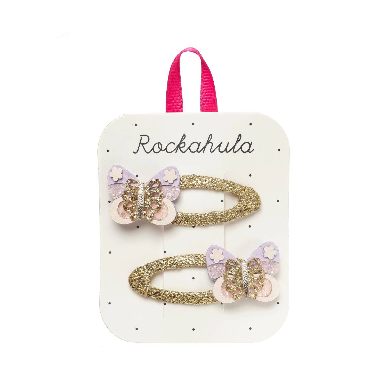 Set of butterfly-themed hair clips on a Rockahula branded card.