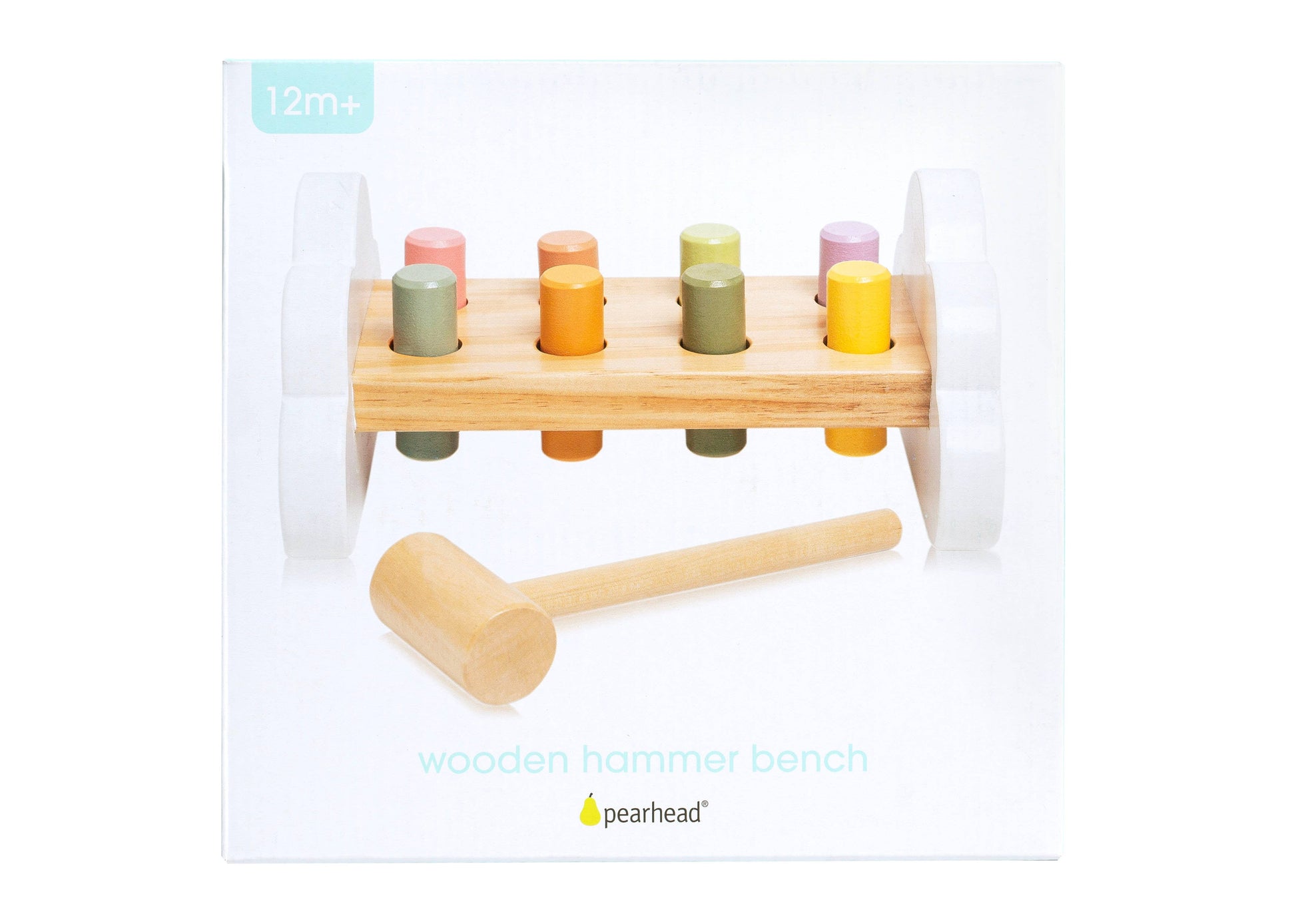 Photo of a pearhead brand box containing a wooden hammer bench toy with colorful pegs and a wooden mallet.