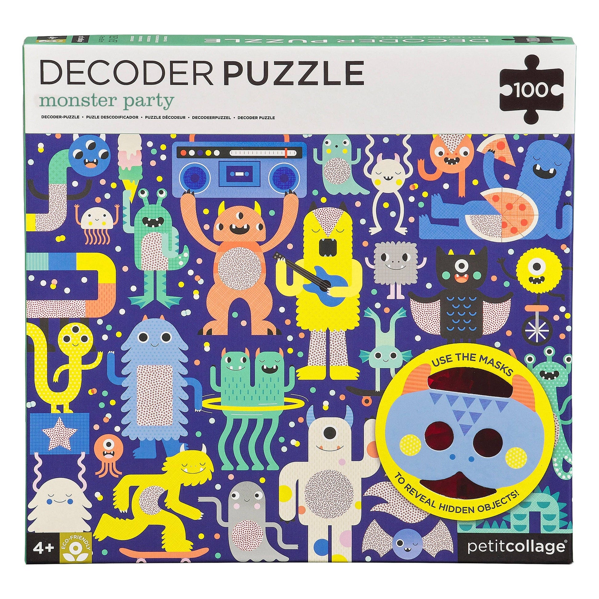 Decoder puzzle box with colorful monster illustrations and a mask feature on a purple background.