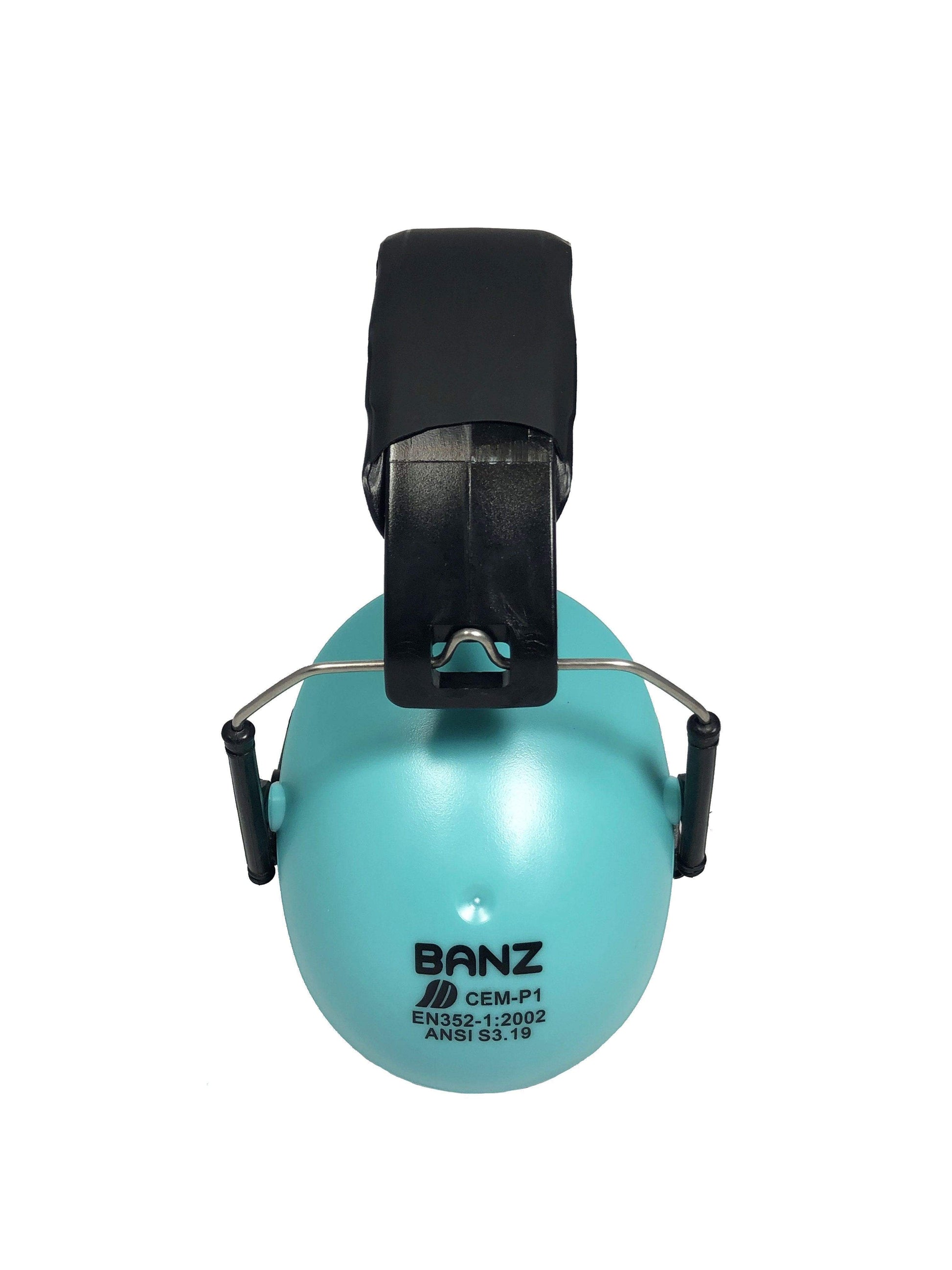 Turquoise Banz ear protection with black clip on a white background