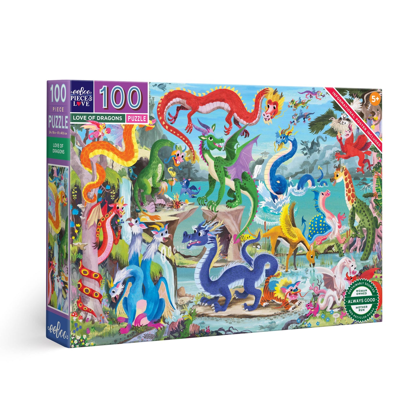 Jigsaw puzzle box with colorful dragons on a white background