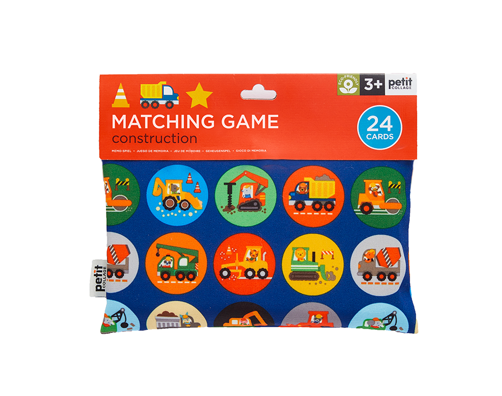 Packaging of a matching game for children with construction-themed illustrations on a white background.