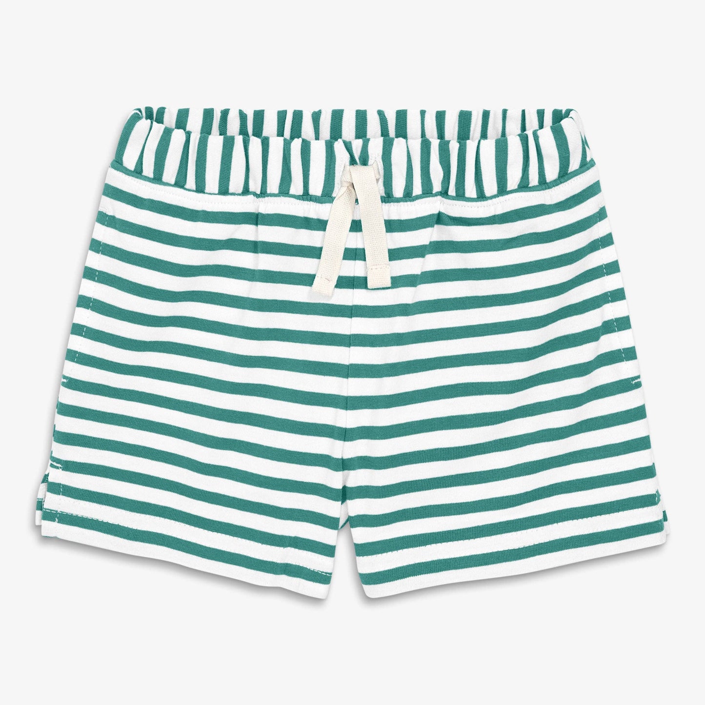 Green and white striped shorts on a light gray background