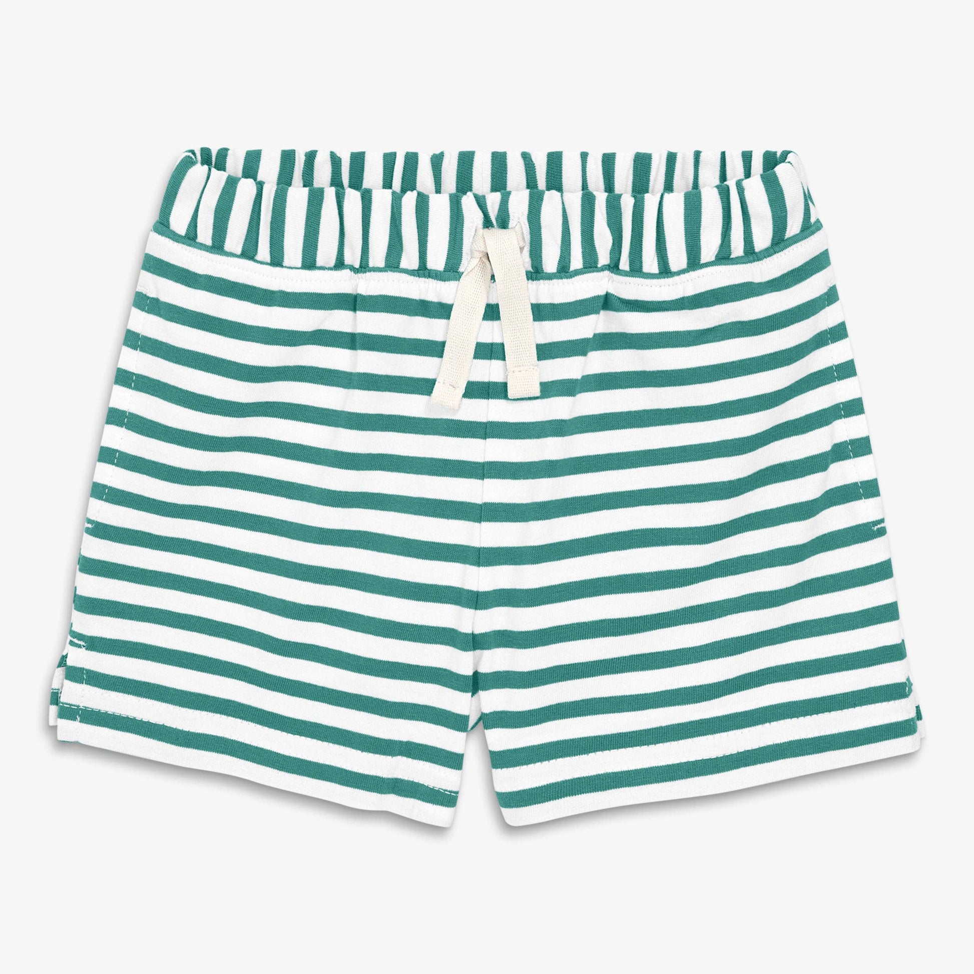 Green and white striped shorts on a light gray background
