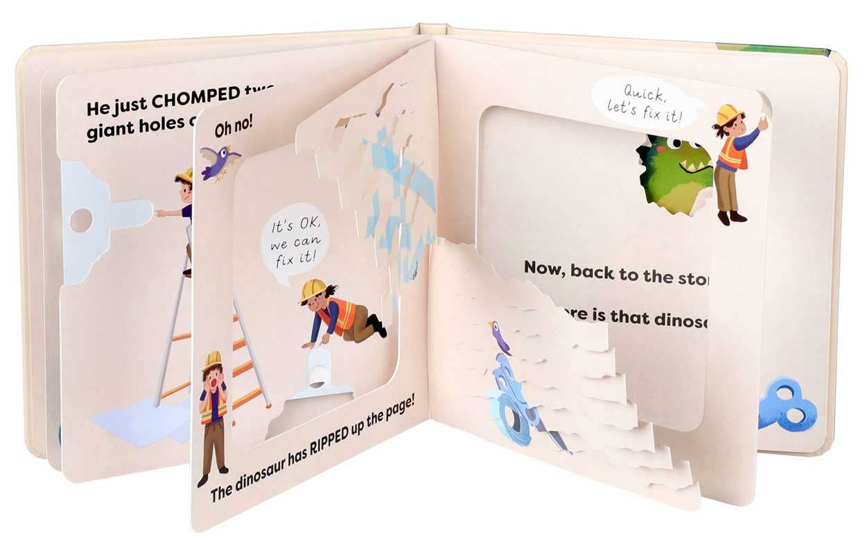 Open children's book with illustrations of a dinosaur and characters interacting