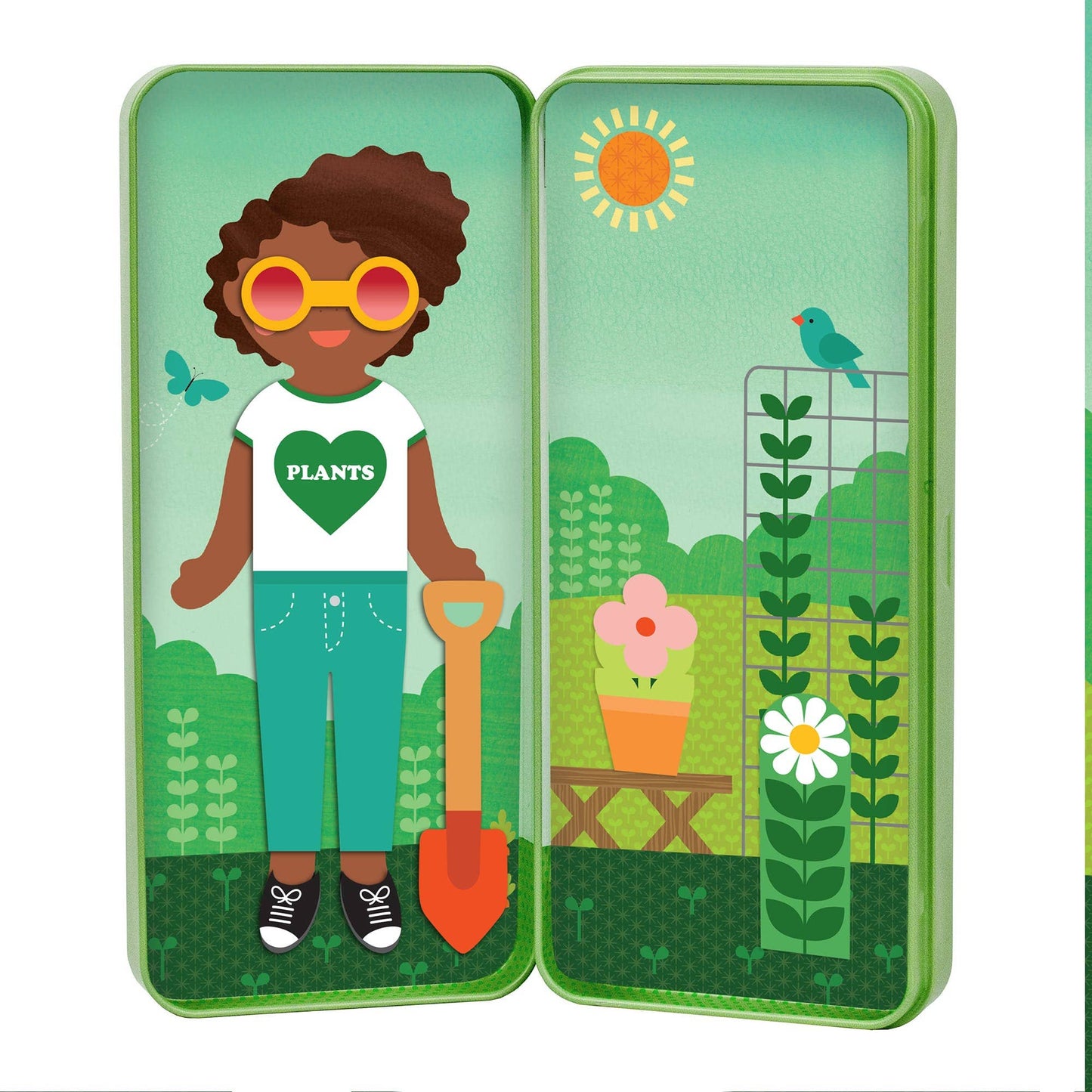 Tin with a cartoon character holding a shovel, surrounded by plants and a sun, on a green background.