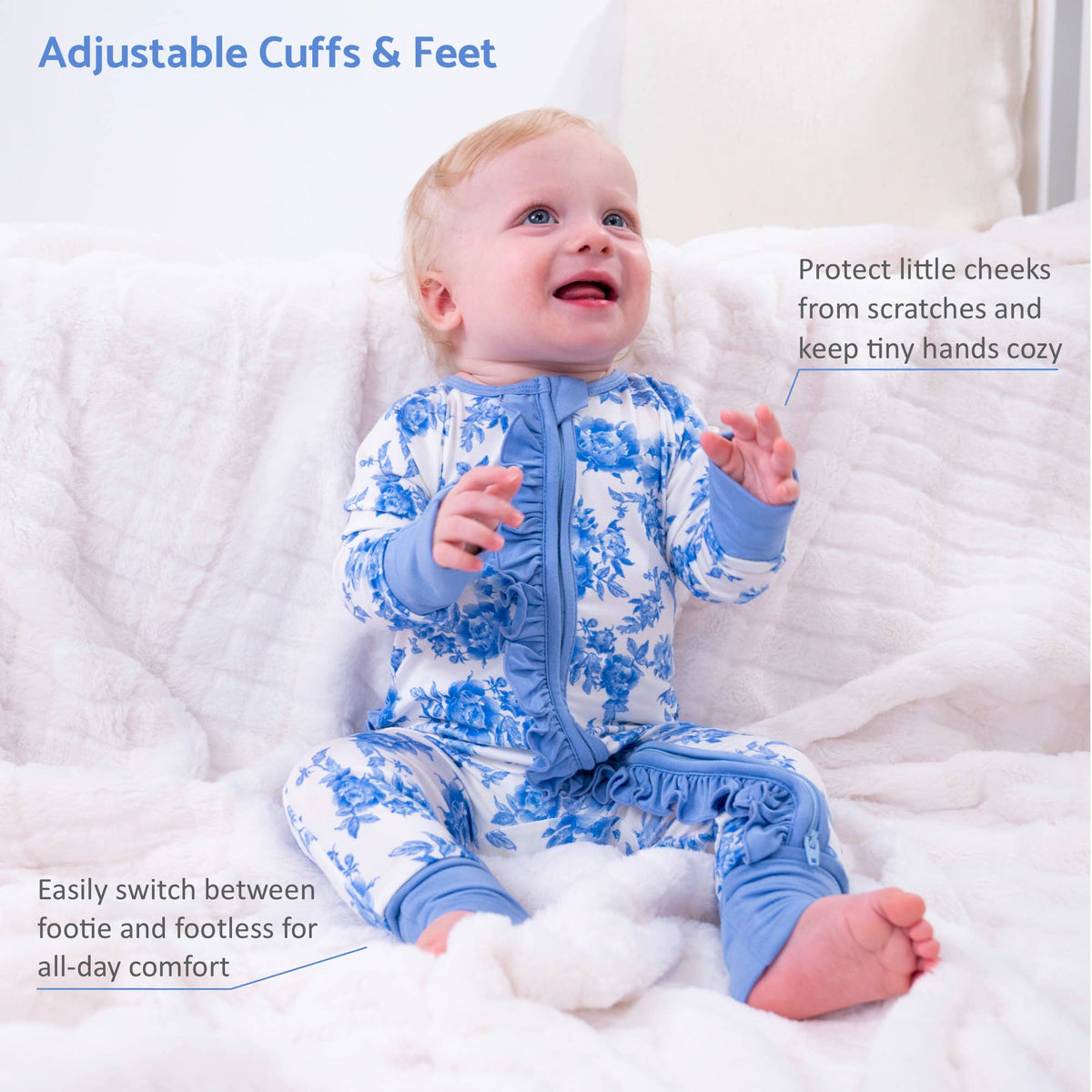 A baby wearing a blue and white floral print footless onesie sits on a white quilted blanket. Text overlays highlight adjustable cuffs and feet, protection for little cheeks, and the ability to switch between footie and feet for comfort.