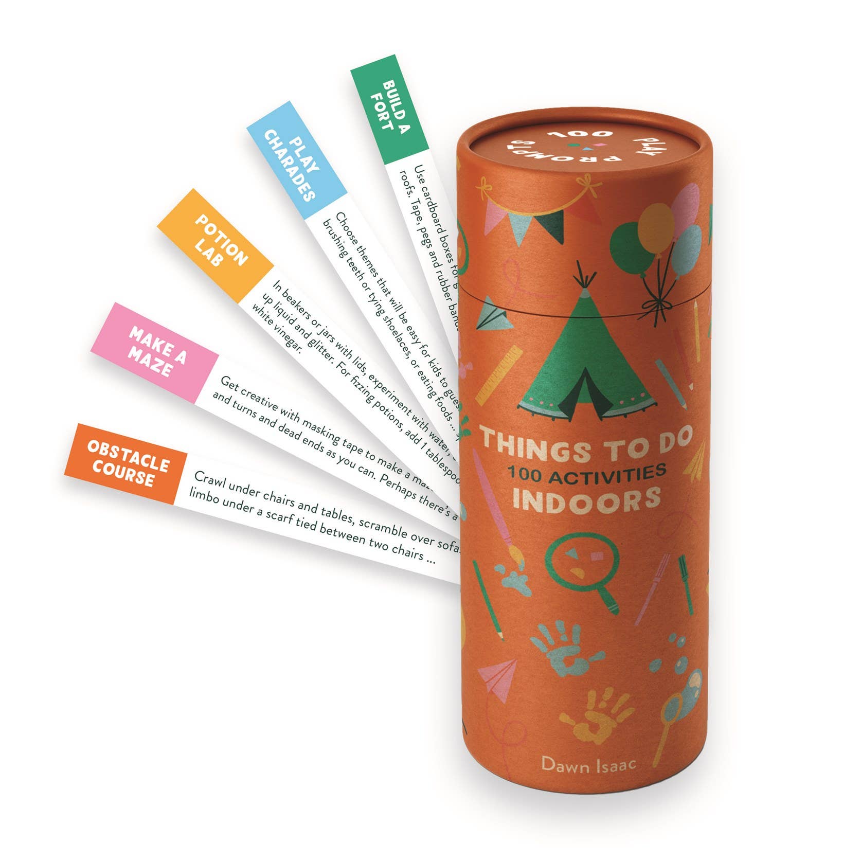 Children's activity set with colorful cards and an orange cylindrical container on a white background