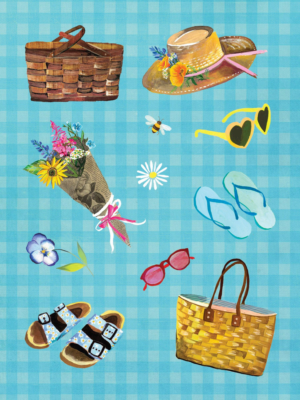 Collection of summer-themed items including a picnic basket, hat with flowers, sunglasses, sandals, and a bouquet on a blue checkered background.