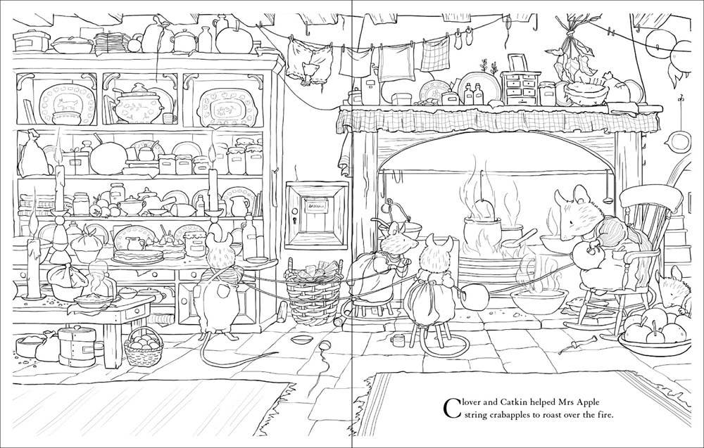 Illustration of a cozy room with shelves, fireplace, and characters around a table.