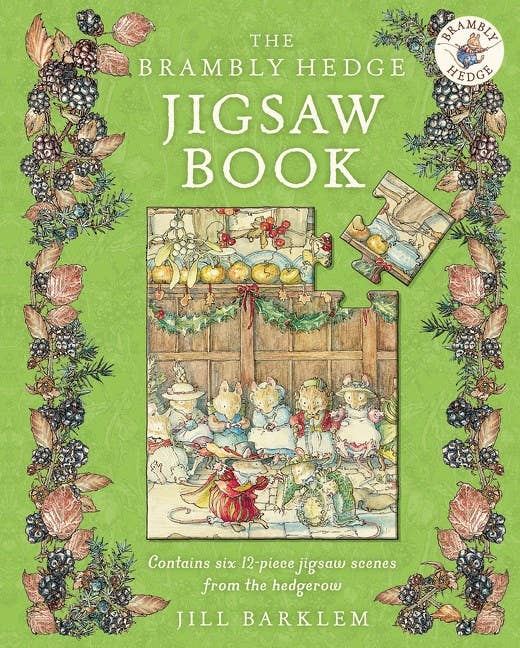 Cover of 'The Brambly Hedge Jigsaw Book' with illustrations of animals and a green border.