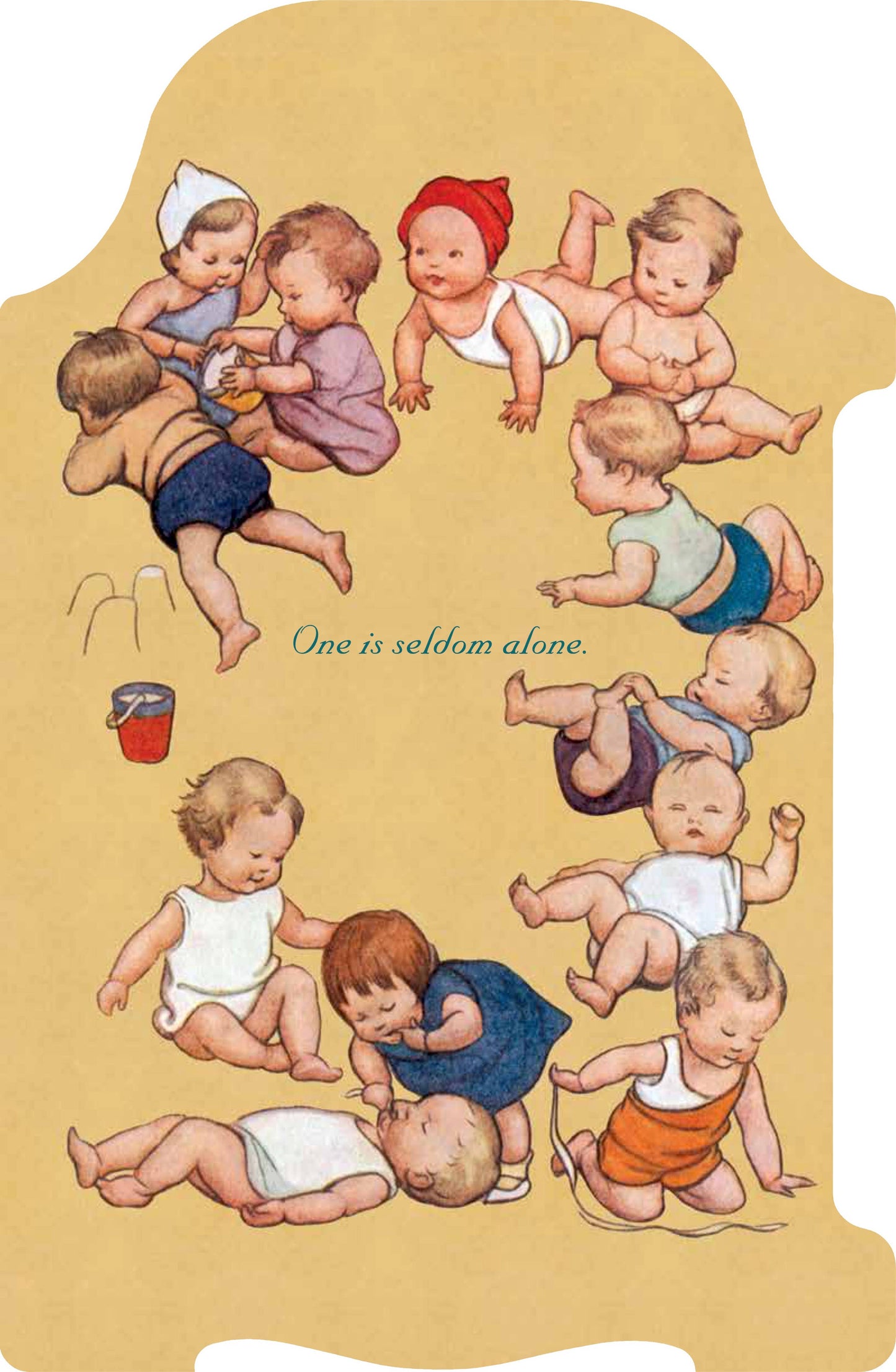Illustration of nine babies in various poses on a beige background with text.