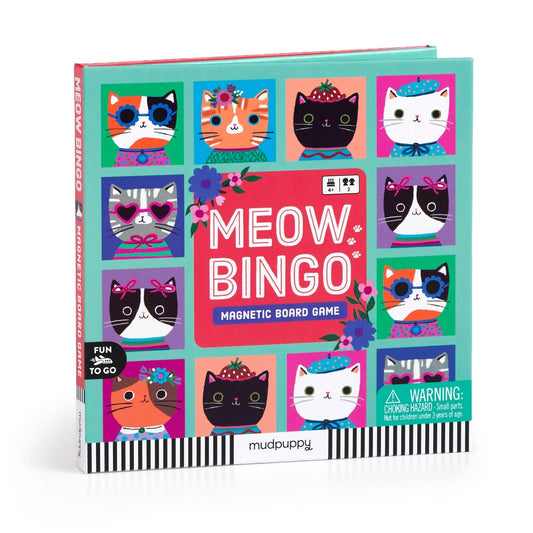 Meow Bingo magnetic board game packaging with cat illustrations on a white background