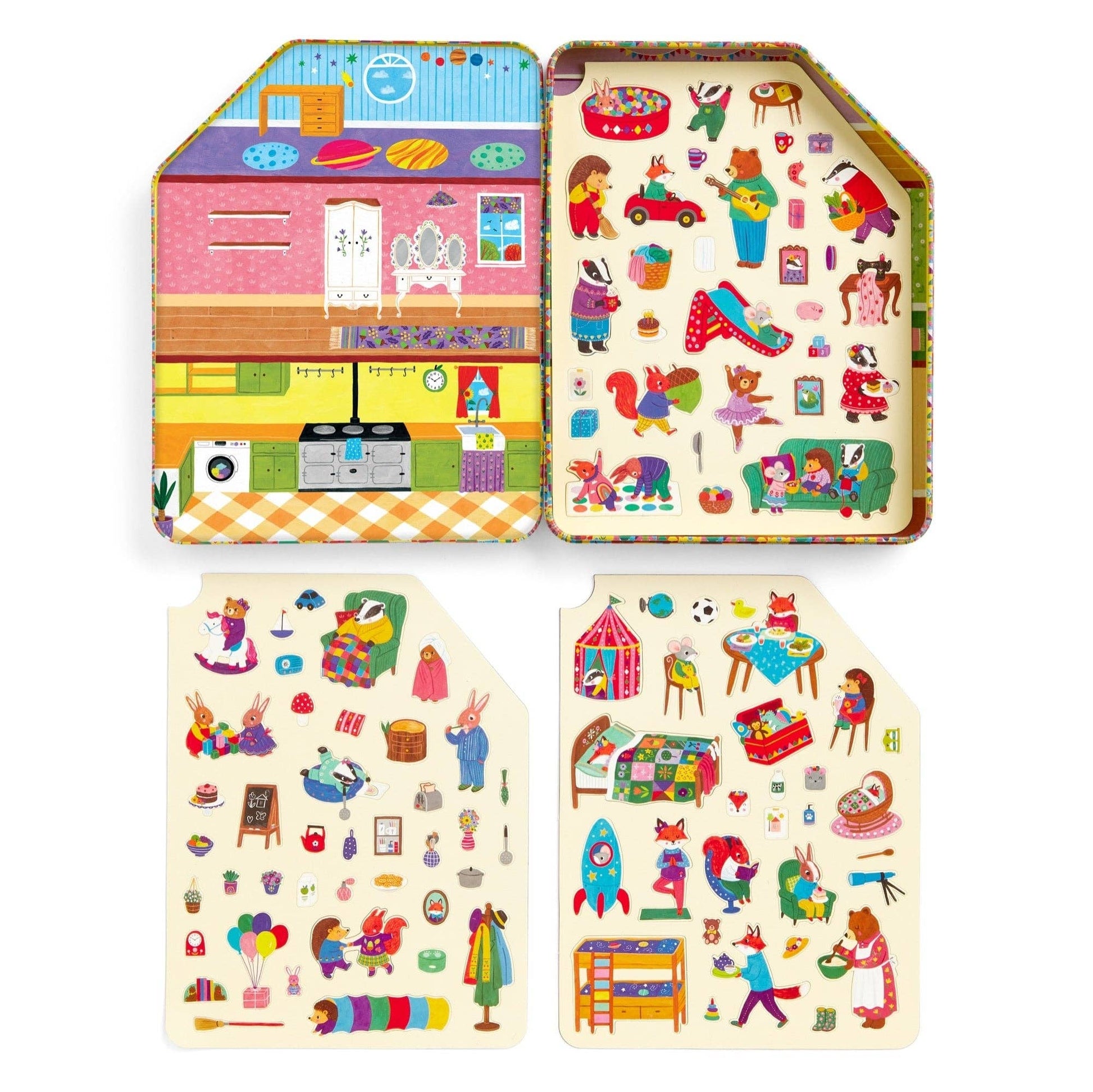 Set of colorful children's wooden toys with illustrated scenes and characters.