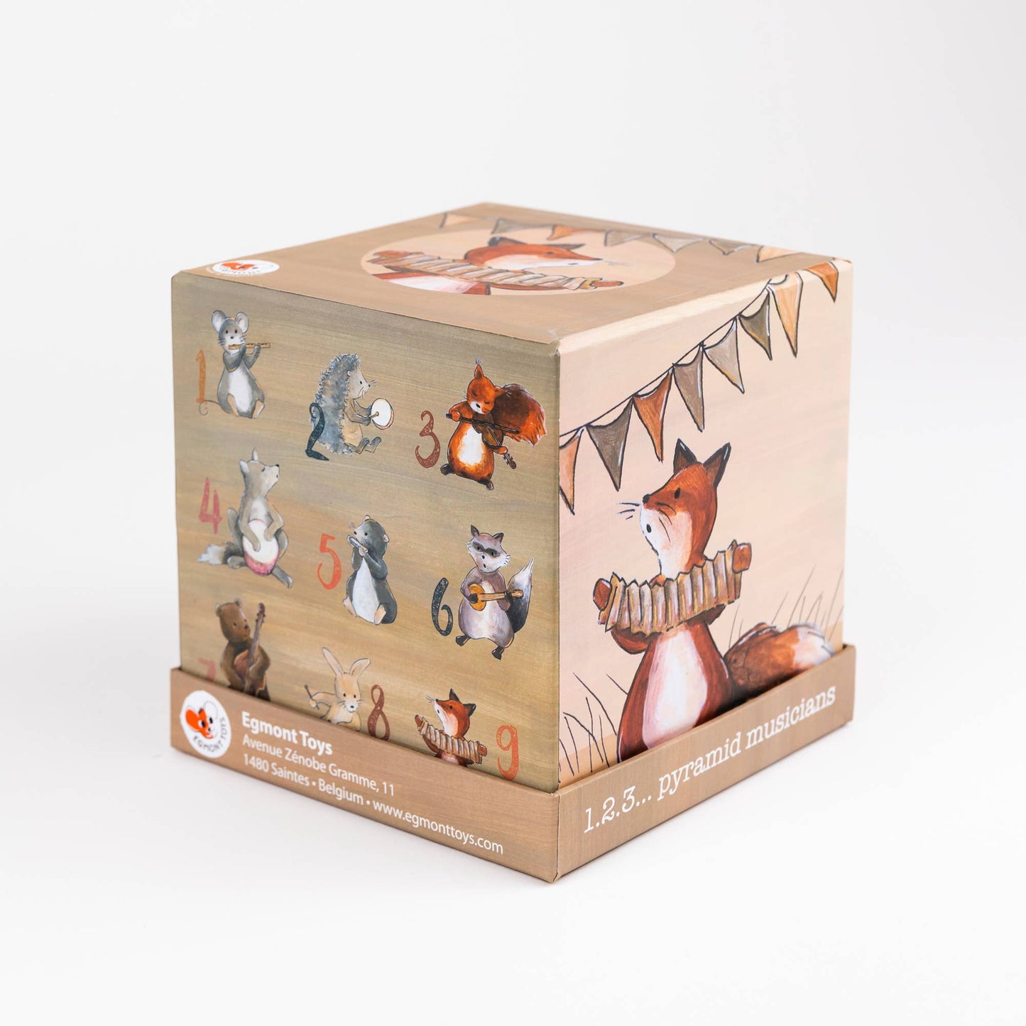 Coated paper block toy nested inside a larger box with animal illustrations and numbers on a white background