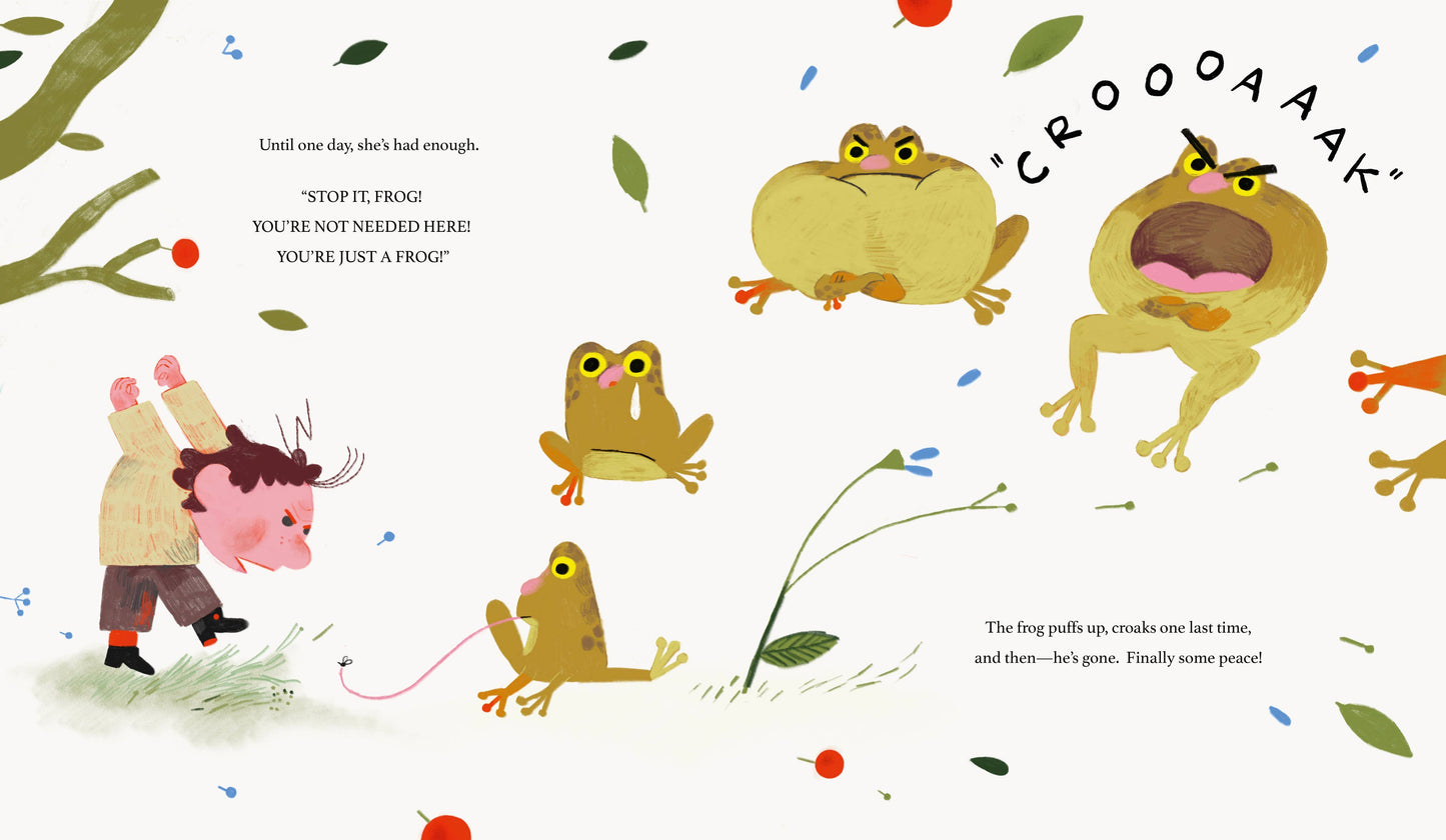 Illustration of a child chasing frogs with text and sound effects on a white background