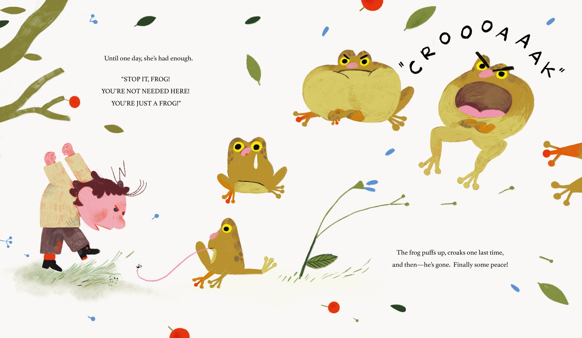 Illustration of a child chasing frogs with text and sound effects on a white background