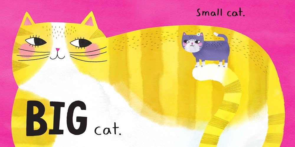 A colorful children's book or poster illustration showing a large yellow-and-white cat labeled 'BIG cat.' and a small purple-gray cat labeled 'Small cat.