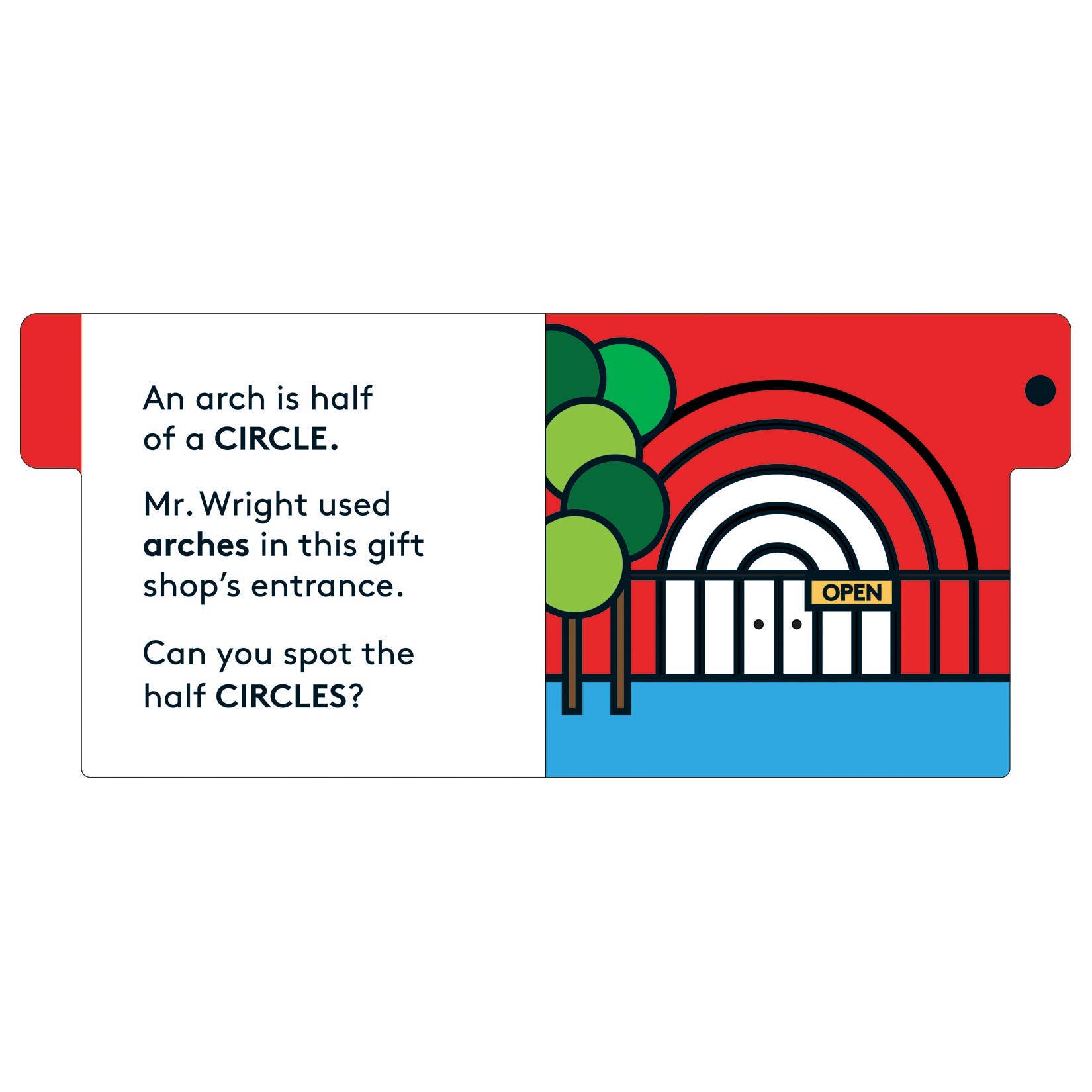 Educational illustration with text about arches and a gift shop entrance.