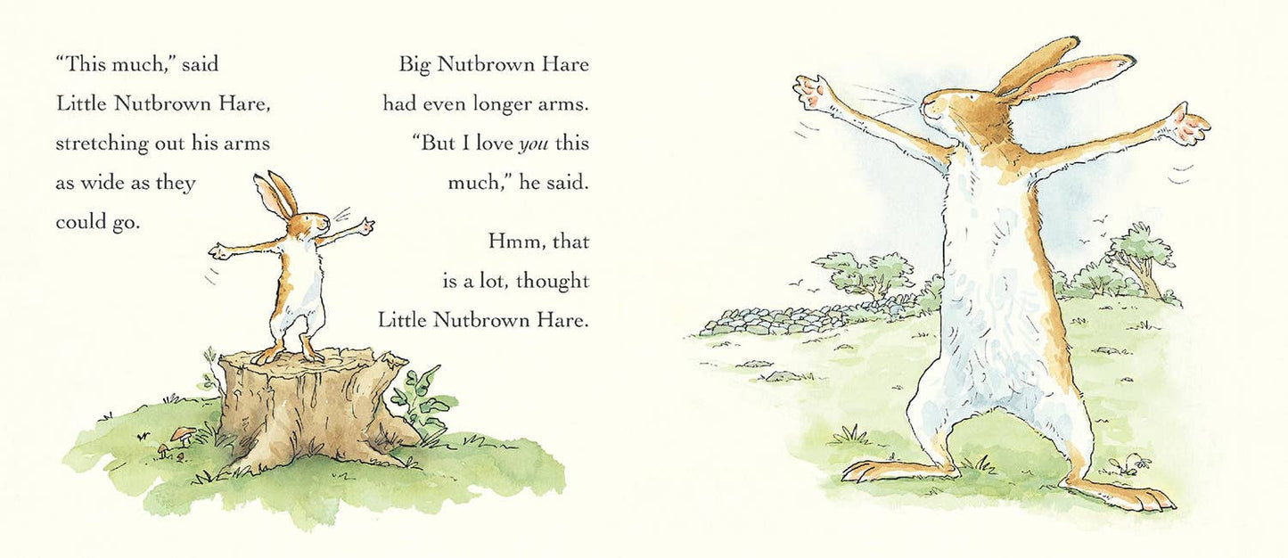 Illustration from a children's book with two hares stretching their arms, one on a log and the other standing.