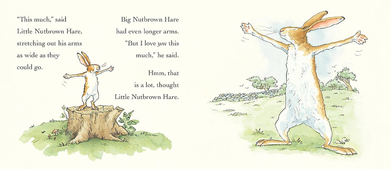 Illustration from a children's book with two hares stretching their arms, one on a log and the other standing.