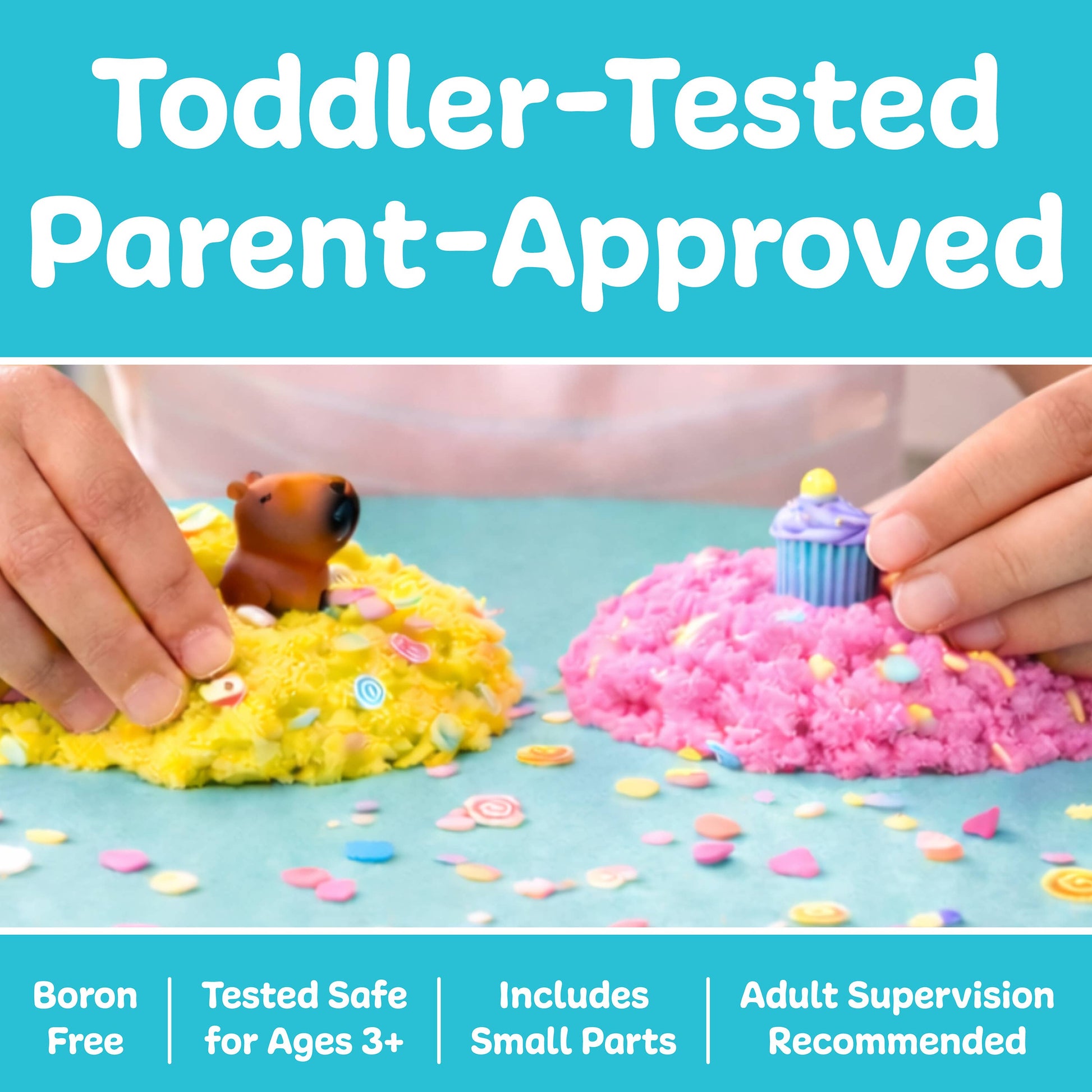 Two hands playing with colorful kinetic sand on a blue surface, with text indicating safety and supervision.