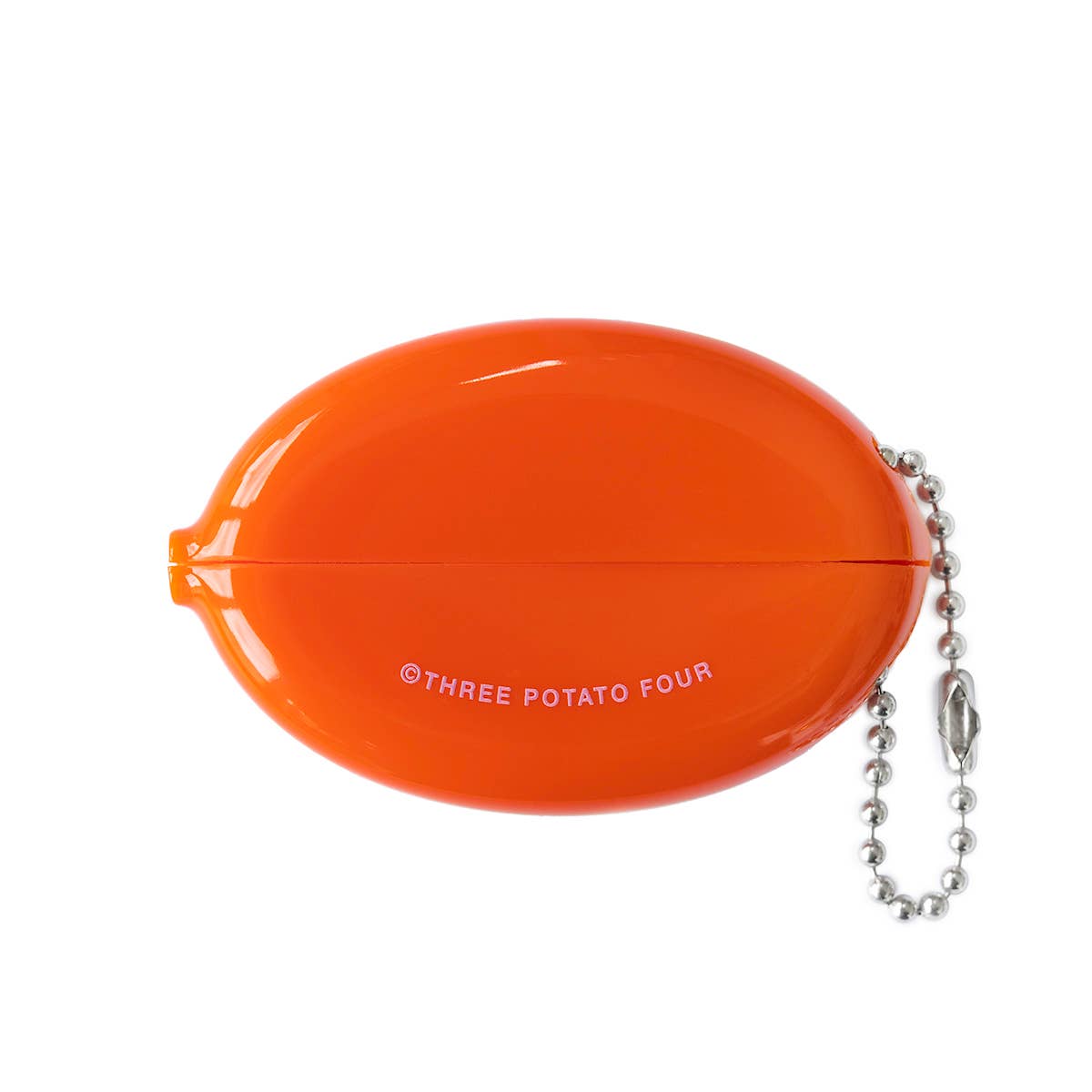Orange oval-shaped container with a chain on a white background, featuring 'Three Potato Four' branding.