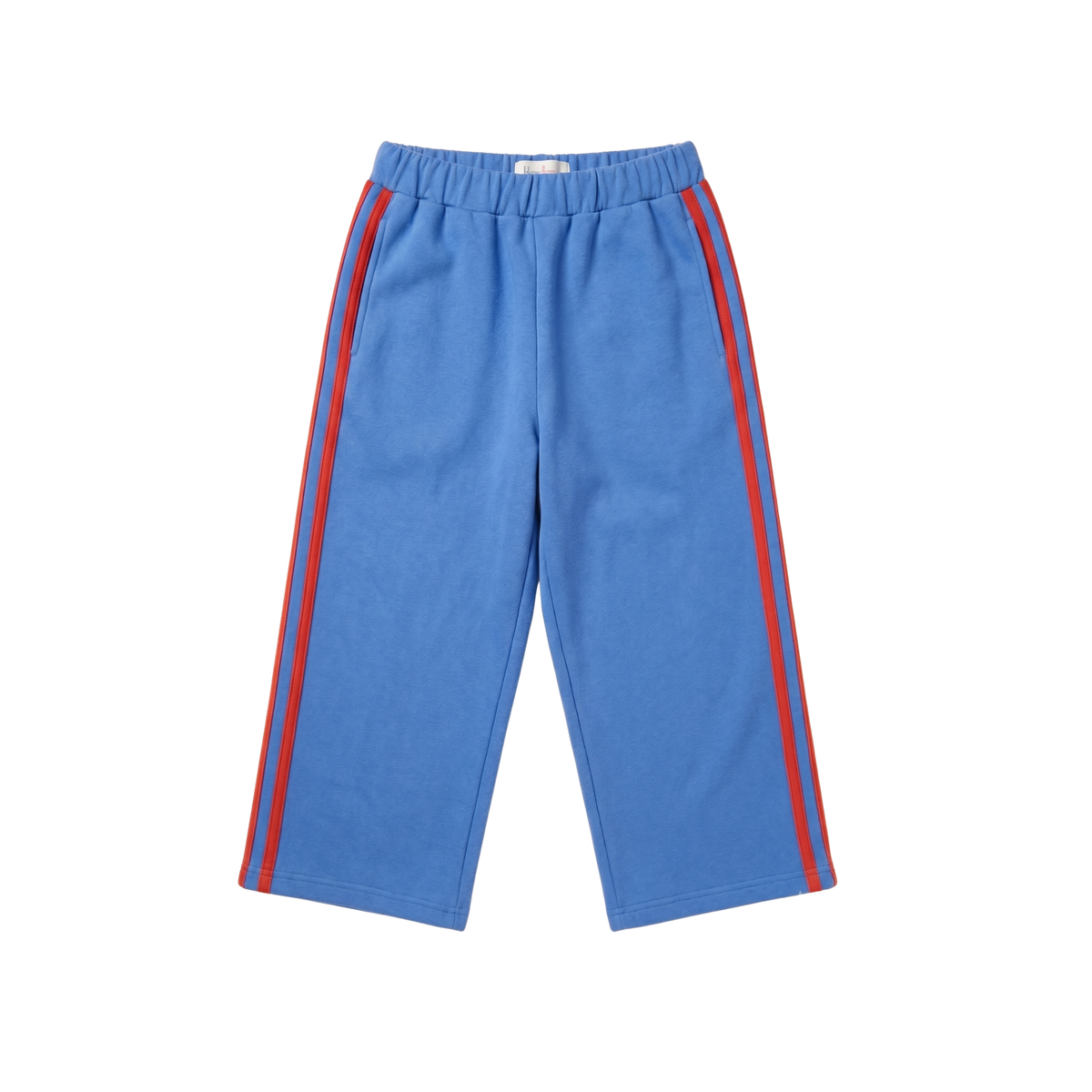 Blue cropped sweatpants with red side stripes, featuring an elastic waistband and a straight leg cut, shown against a plain white background.