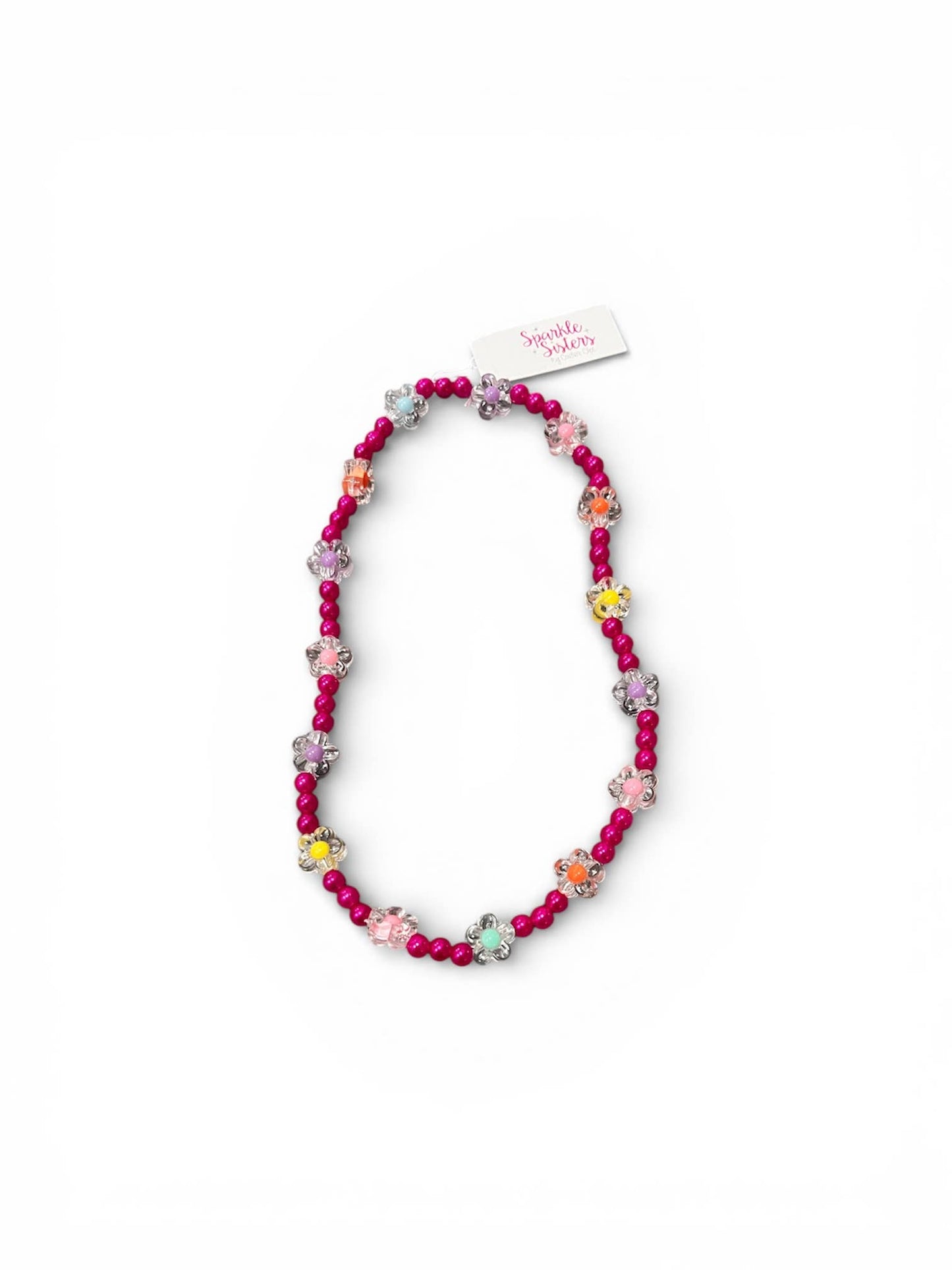 Hot Pink Beaded Flower Necklace