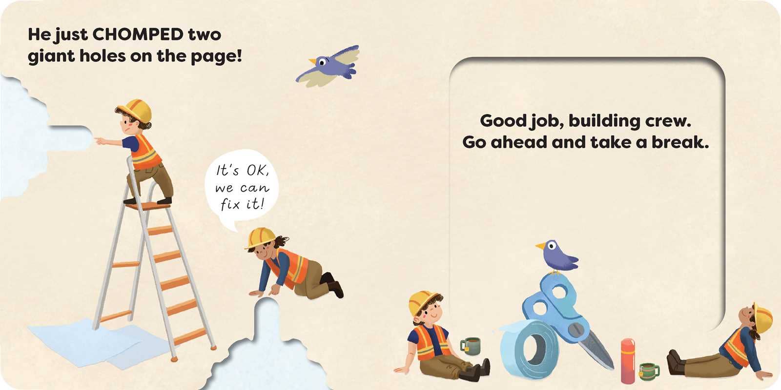 Illustration of construction workers repairing a page with text and tools.