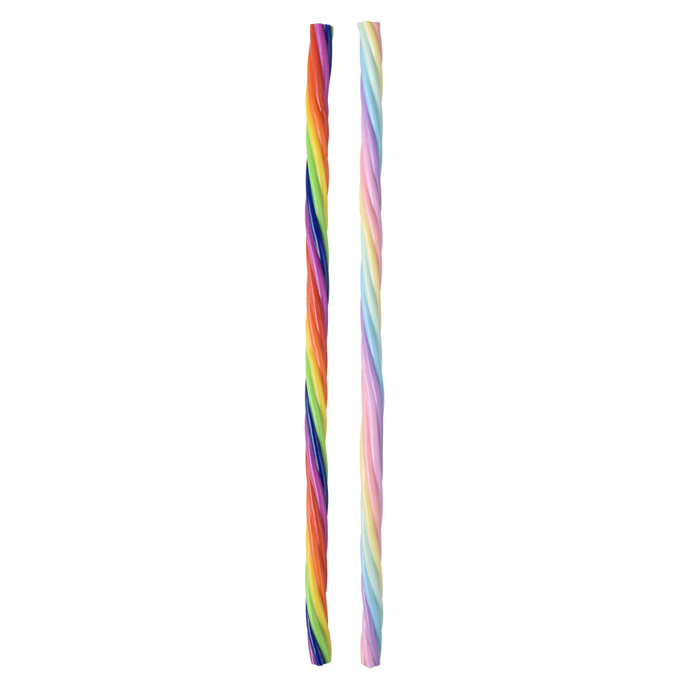 Two colorful stretchy noodle straws, one rainbow and one multicolored, on a white background.