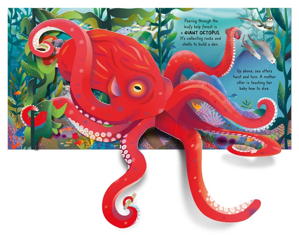 Illustration of a red octopus in a colorful underwater scene from a children's book.