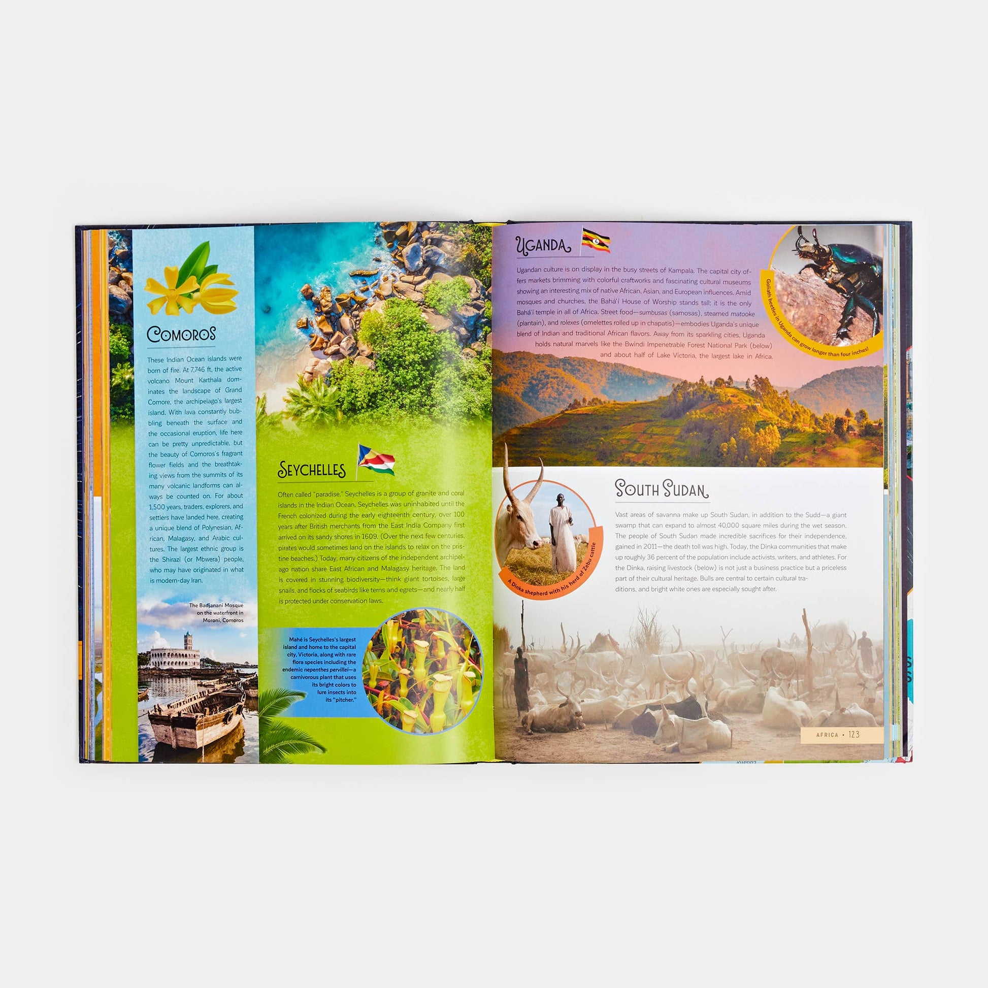Open book showing pages with colorful illustrations and text on various countries