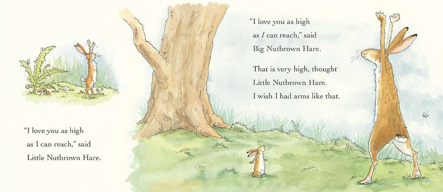 Illustration from a children's book with two hares and a tree, featuring text.