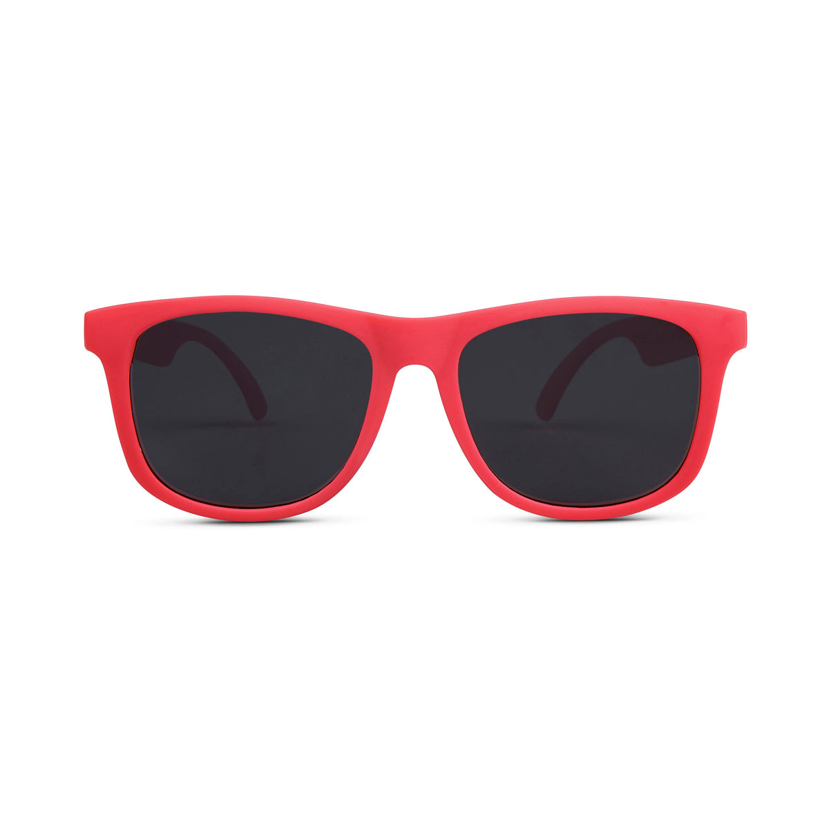 A pair of kids' sunglasses with a bright red matte frame and dark gray lenses, shown from a front-facing perspective on a solid white background.