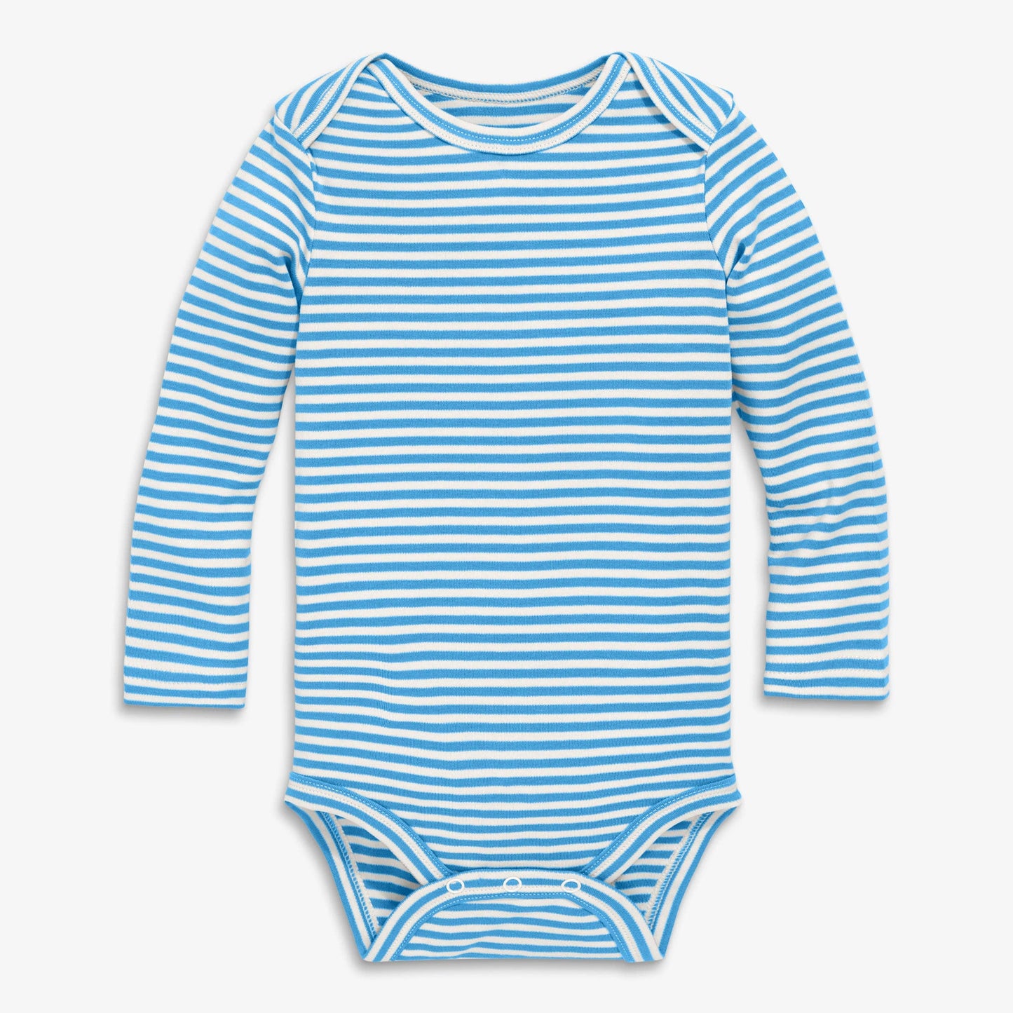 A long-sleeve baby bodysuit with horizontal light blue and white stripes, laid flat against a light gray background.