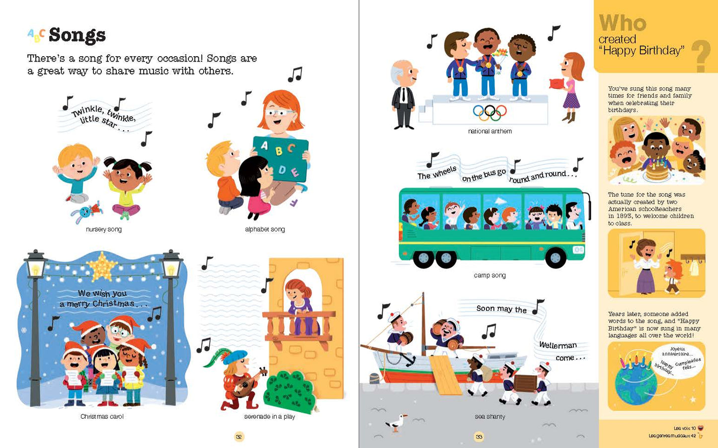Illustrated pages from a children's book about songs and characters, featuring music notes and colorful illustrations.